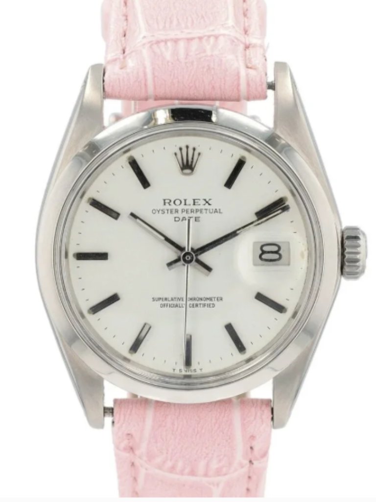 Rolex Oyster Perpetual Date 1500 Steel White Index Pink Leather 34mm Watch